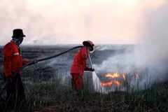 Firefighters battle a forest fire in South Sumatra, Indonesia. (Photo: Xinhua/VNA)