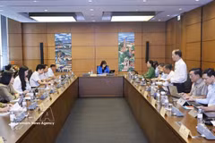National Assembly deputies from Vinh Long and Lao Cai provinces discuss issues in group. (Photo: VNA) 
