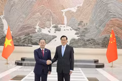 Chief Justice of the Supreme People’s Court of Vietnam Nguyen Van Quang (L) is welcomed by Ying Yong, Procurator-General of the Supreme People’s Procuratorate of China. (Photo: VNA)