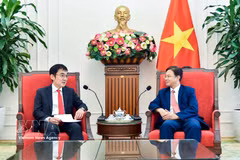 Deputy Foreign Minister Ngo Le Van (R) receives Watanabe Tetsuya, President of the Economic Research Institute for ASEAN and East Asia (ERIA), in Hanoi on August 20. (Photo: VNA)