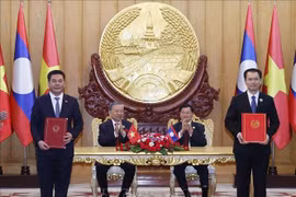 Party General Secretary of Vietnam To Lam and Party General Secretary and President of Laos Thongloun Sisoulith witness the exchange of an MoU on the industrial chain development on December 1. (Photo: VNA) 