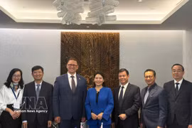 The State Audit Office of Vietnam delegation works with the State Control Committee of Belarus. (Photo: VNA) 