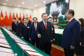 General Secretary To Lam and Chinese General Secretary and President Xi Jinping view a display of cooperation documents signed between the two countries. (Photo: VNA)