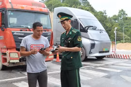 A Lang Son border guard examines a truck driver's documents at Huu Nghi International Border Gate. (Photo: VNA)