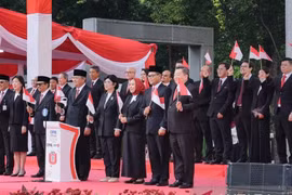 Bank Indonesia Governor Perry Warjiyo and central bank officials during the 80th Independence Day ceremony in Jakarta on August 17. (Photo: Antara)