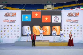 Dao Hong Son poses with his gold medal on top podium of the Southeast Asian Jujitsu Championships 2026 (Photo courtesy of Hong Son)