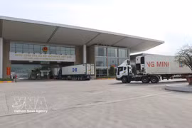 Trucks carrying import and export goods pass through the Lao Cai border gate. (Photo: VNA)