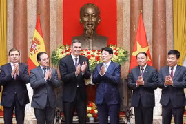 State President Luong Cuong (third from right) receives Spanish Prime Minister Pedro Sánchez (third from left). (Photo: VNA)