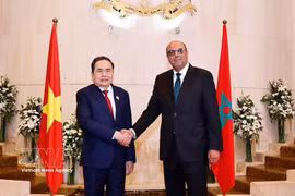 National Assembly Chairman Tran Thanh Man (L) meets with Moroccan President of House of Councillors Mohamed Ould Errachid in Morocco on the morning of July 25, 2025. (Photo: VNA)