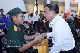 Politburo member and Permanent member of the Party Central Committee’s Secretariat Tran Cam Tu presents gifts to wounded and sick veteran soldiers who are cared for at Nghe An War Invalids Nursing Centre in the central province of Nghe An. (Photo: VNA)