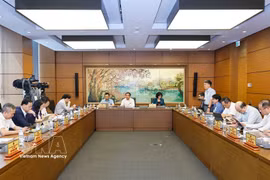 Hanoi's delegation of National Assembly deputies holds group discussions as part of 16th National Assembly's first extraordinary session on August 4. (Photo: VNA)