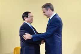 PM Pham Minh Chinh (L) and his Greek counterpart Kyriakos Mitsotakis in Nice, France, on June 9 (Photo: VNA)