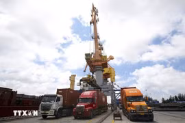 Trucks carrying export goods at Tan Vu Port in Hai Phong city (Photo: VNA)