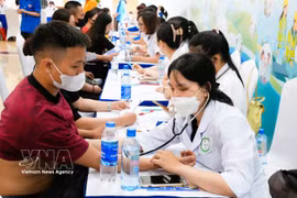Doctors conduct heart and lung examinations for workers. (Photo: VNA)