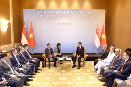The official welcome ceremony is held in Singapore on August 25 for Member of the Political Bureau and Standing Member of the Secretariat of the Communist Party of Vietnam Central Committee Tran Cam Tu. (Photo: VNA)