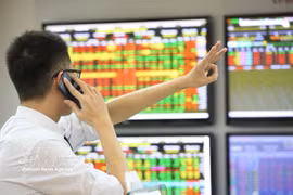 An investor talks on the phone while watching market movements. (Photo: VNA)