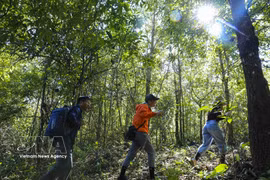 Travellers explore Pu To Co with backpacks and trekking poles, embracing the spirit of adventure. (Photo: VNA)