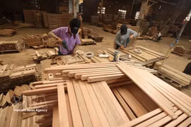 Workers make outdoor wooden furniture for export to the European market at Hong Ngoc Co., Ltd's factory, Phu Tai Industrial Park, Quy Nhon Bac ward, Gia Lai province. (Photo: VNA)