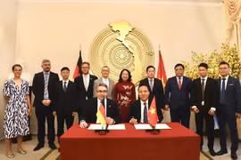 Vietnamese Deputy Minister of Industry and Trade Nguyen Hoang Long (front, right) and Parliamentary State Secretary at the German Ministry for Economic Affairs and Energy Stefan Rouenhoff signed the joint declaration in the presence of Vice State President Vo Thi Anh Xuan (standing, sixth from left). (Photo: VNA)