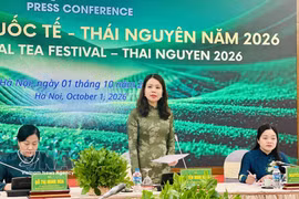 Deputy Foreign Minister Nguyen Minh Hang (centre) speaks at an international press conference in Hanoi on October 1 (Photo: VNA)