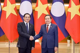 NA Chairman Tran Thanh Man (R) and Lao Prime Minister Sonexay Siphandone (Photo: VNA)