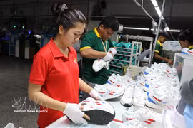 Workers produce leather shoes for export at Lefaso Tra Vinh Investment and Production Joint Stock Company in Tra Cu commune, Vinh Long province. (Photo: VNA)