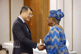 Prime Minister Le Minh Hung (left) receives WTO Director-General Ngozi Okonjo-Iweala in New Delhi, India on September 12 (Photo: VNA)