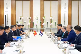 Prime Minister Le Minh Hung (third, left) meets with Bruno Rodriguez Parrilla, Politburo member and Minister of Foreign Affairs of Cuba, in New Delhi on September 12 (Photo: VNA)