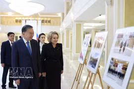 General Secretary of the Communist Party of Vietnam (CPV) Central Committee and President To Lam and Chairwoman of the Federation Council of the Federal Assembly of Russia Valentina Matvienko see photos depicting the Vietnam-Russia relationship. (Photo: VNA)