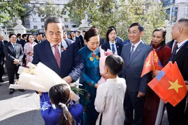 NA President Tran Thanh Man and his spouse, Nguyen Thi Thanh Nga, are welcomed by Vietnamese embassy staff and community representatives in Ulaanbaatar on September 9. (Photo: VNA)