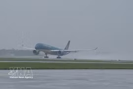 A Vietnam Airlines aircraft lands in rainy weather at an airport in Vietnam. (Photo: VNA)