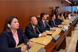 Deputy head of the Vietnamese delegation in Geneva Cung Duc Han (fourth from left) and members of the inter-agency Vietnamese delegation, during the voting on resolutions. (Photo: VNA)