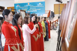 Students contemplate paintings at the exhibition (Photo: VNA)