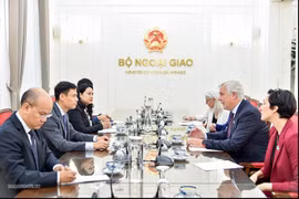 Deputy Minister of Foreign Affairs Dang Hoang Giang (second, left) and Canadian Deputy Minister of International Trade Glenn Purves (second, right) discuss orientations for promoting the Vietnam-Canada Comprehensive Partnership. (Photo: baoquocte.vn)