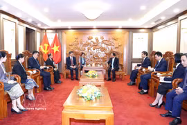 At the reception for Deputy Head of the Lao People’s Revolutionary Party (LPRP) Central Committee’s Commission for Propaganda and Training Sakhone Phommalath (Photo: VNA)