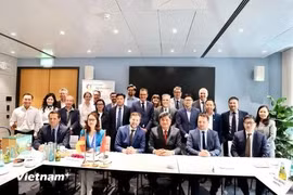 Deputy Minister Tran Thanh Nam (front line, in a red tie) takes a photo with representatives of German associations and businesses at the event. (Photo: VNA)