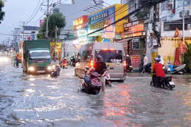 Commuters and vehicles wade through a flooded street in Ho Chi Minh City. (Photo: VNA)