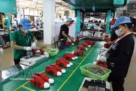 Sport shoes are made for export at a factory in Thanh Hoa (Photo: VNA)