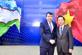 Vietnamese Deputy Prime Minister Tran Hong Ha (R) and his Uzbekistani counterpart Jamshid Khodjaev in Tashkent on April 7. (Photo: VNA)