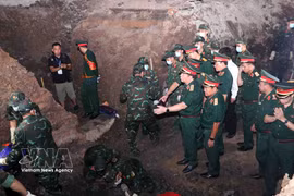 Director of the General Department of Politics under the Vietnam People’s Army General Nguyen Trong Nghia inspects the ongoing search and recovery operation for martyrs’ remains at Le Thi Rieng Park in Ho Chi Minh City. (Photo: VNA)