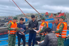 The Border Guard, in coordination with the Coast Guard, conduct an awareness campaign against IUU fishing at Bach Long Vy Port. (Photo: VNA)