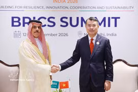 Prime Minister Le Minh Hung (R) receives Saudi Arabian Minister Foreign Affairs Prince Faisal bin Farhan Al Saud on September 13 on the sidelines of the 18th BRICS Summit in New Delhi, India. (Photo: VNA)