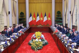 The talks between State President Luong Cuong and his French counterpart Emmanuel Macron in Hanoi on May 26 (Photo: VNA)