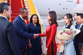 Deputy Foreign Minister Nguyen Minh Hang (in red) welcomes Ethiopian Prime Minister Abiy Ahmed Ali and his spouse at Noi Bai International Airport in Hanoi. (Photo: VNA)
