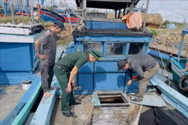 Border guard examines a fishing vessel in Binh Hai commune, Binh Son district in Quang Ngai province. (Photo: VNA)