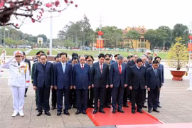 Incumbent and former leaders of the Party, State, National Assembly, Government, and VFF Central Committee pay tribute to President Ho Chi Minh at the late leader's mausoleum in Hanoi on the 95th founding anniversary of the Communist Party of Vietnam (CPV) on February 3. (Photo: VNA)