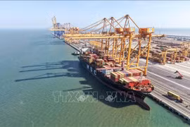 The first commercial vessel officially docks at Berths 3 and 4 at the Hai Phong International Gateway Port in the northern city of Hai Phong on April 16. (Photo: VNA)