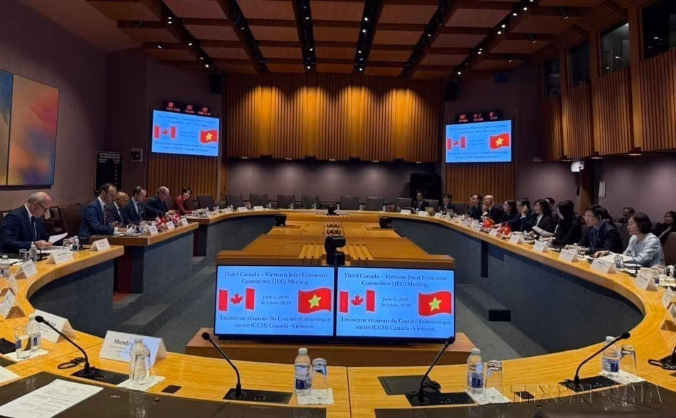 The third meeting of the Vietnam–Canada Joint Economic Committee (JEC 3), co-chaired by Vietnamese Deputy Minister of Industry and Trade Phan Thi Thang and Deputy Minister of Foreign Affairs at Global Affairs Canada Arun Thangaraj, takes place on June 6, 2026. (Photo: Published by VNA)