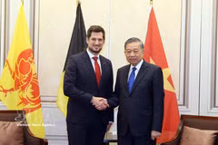General Secretary of the Communist Party of Vietnam Central Committee and President To Lam (R) receives Minister-President of the Wallonia region Adrien Dolimont in Brussels on October 23. (Photo: VNA)