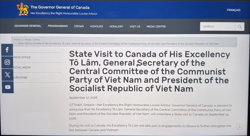 As screenshot of the press release published on the website of the Office of the Governor General of Canada.